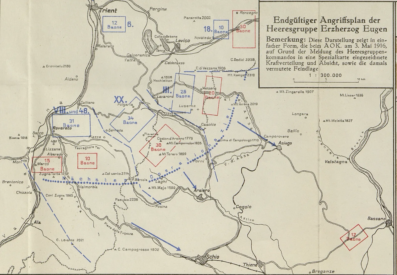 Mappa zona Zugna e a Passo Buole nel maggio 1916